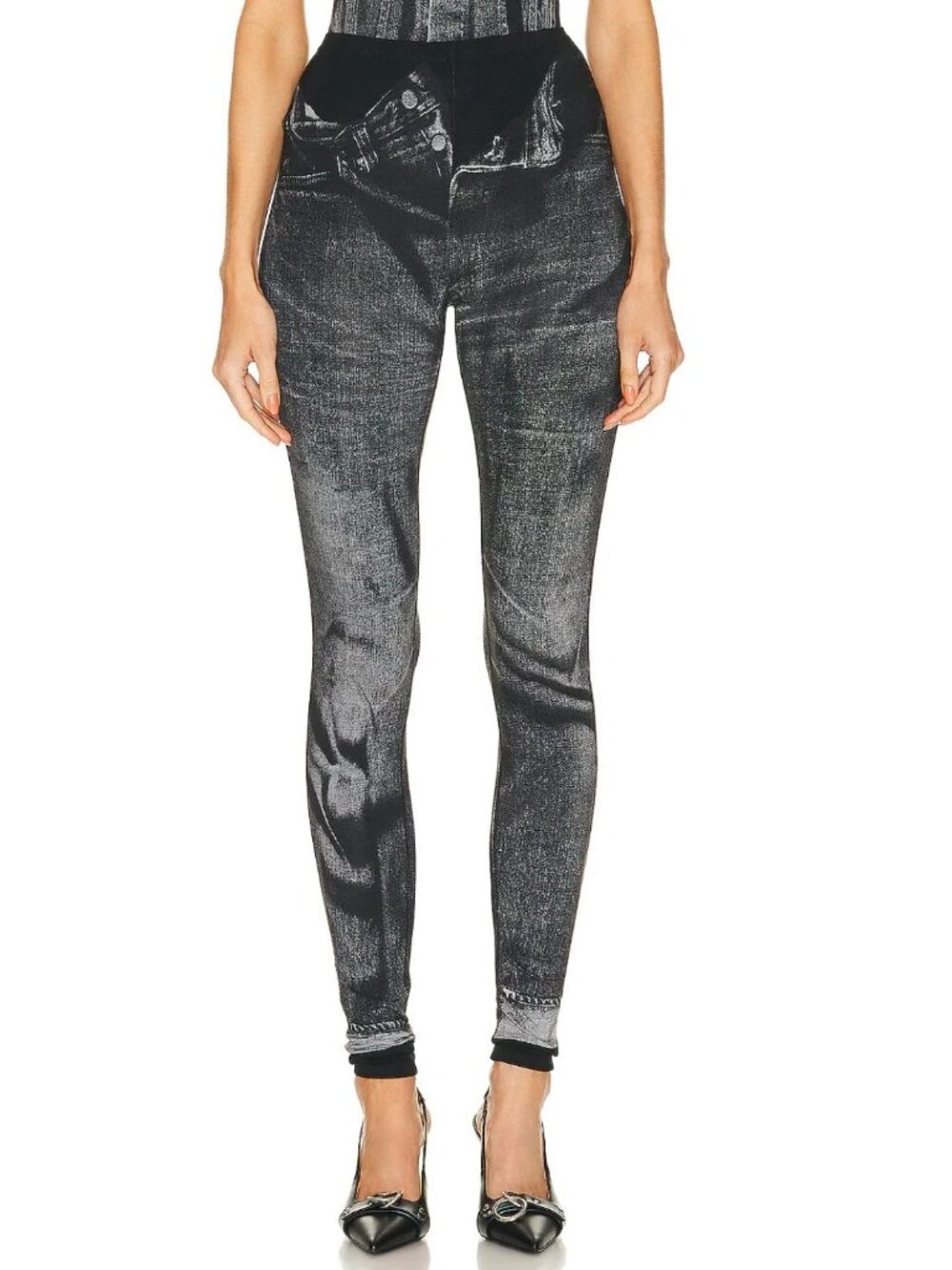 JEAN PAUL GAULTIER JPG Trompe L'oeil Flag Label Leggings Denim Black & Grey XS
